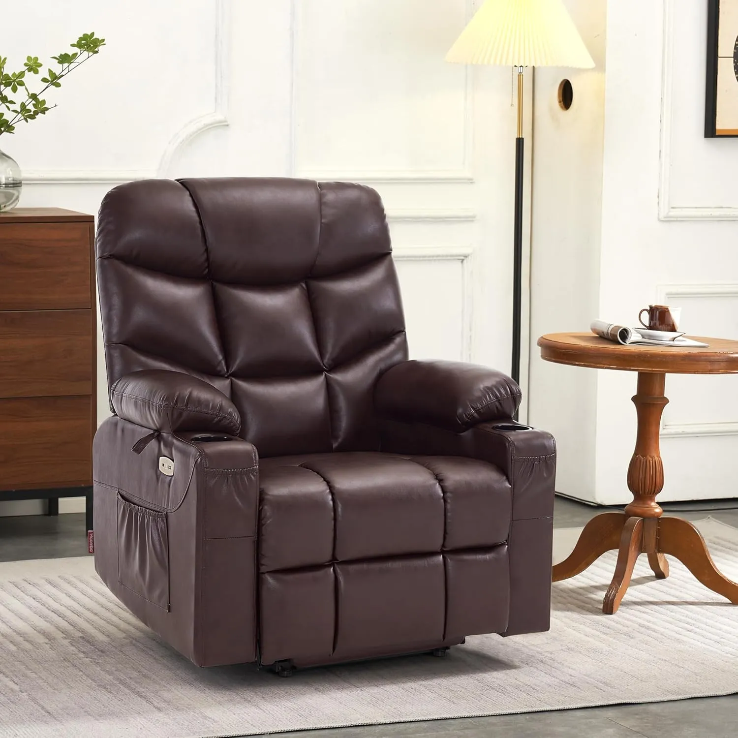 MCombo Power Lift Recliner Chair, 2 Cup Holders, USB Ports for Elderly People, Faux Leather 7287 (Dark Brown, Medium-Regular)