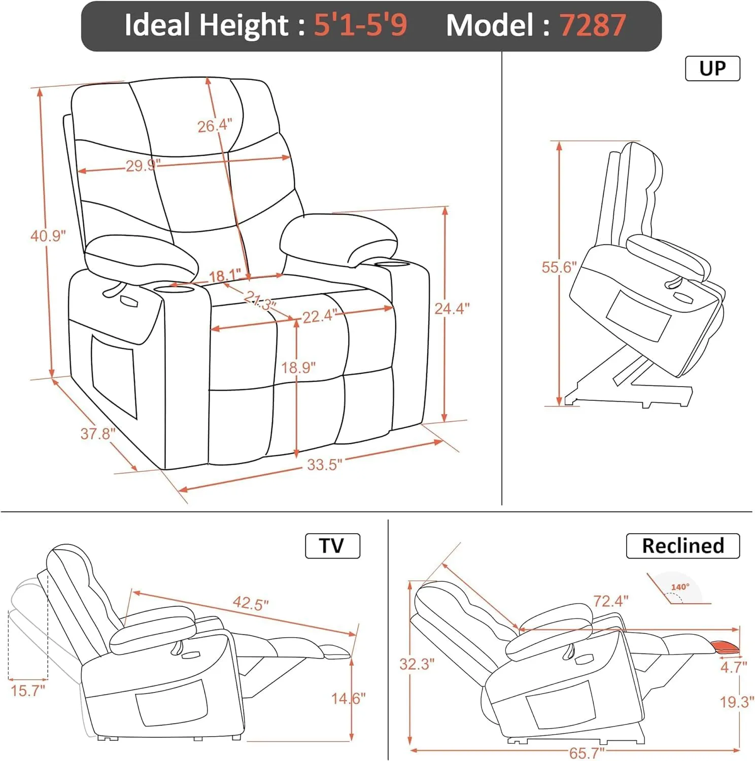 MCombo Power Lift Recliner Chair, 2 Cup Holders, USB Ports for Elderly People, Faux Leather 7287 (Dark Brown, Medium-Regular)