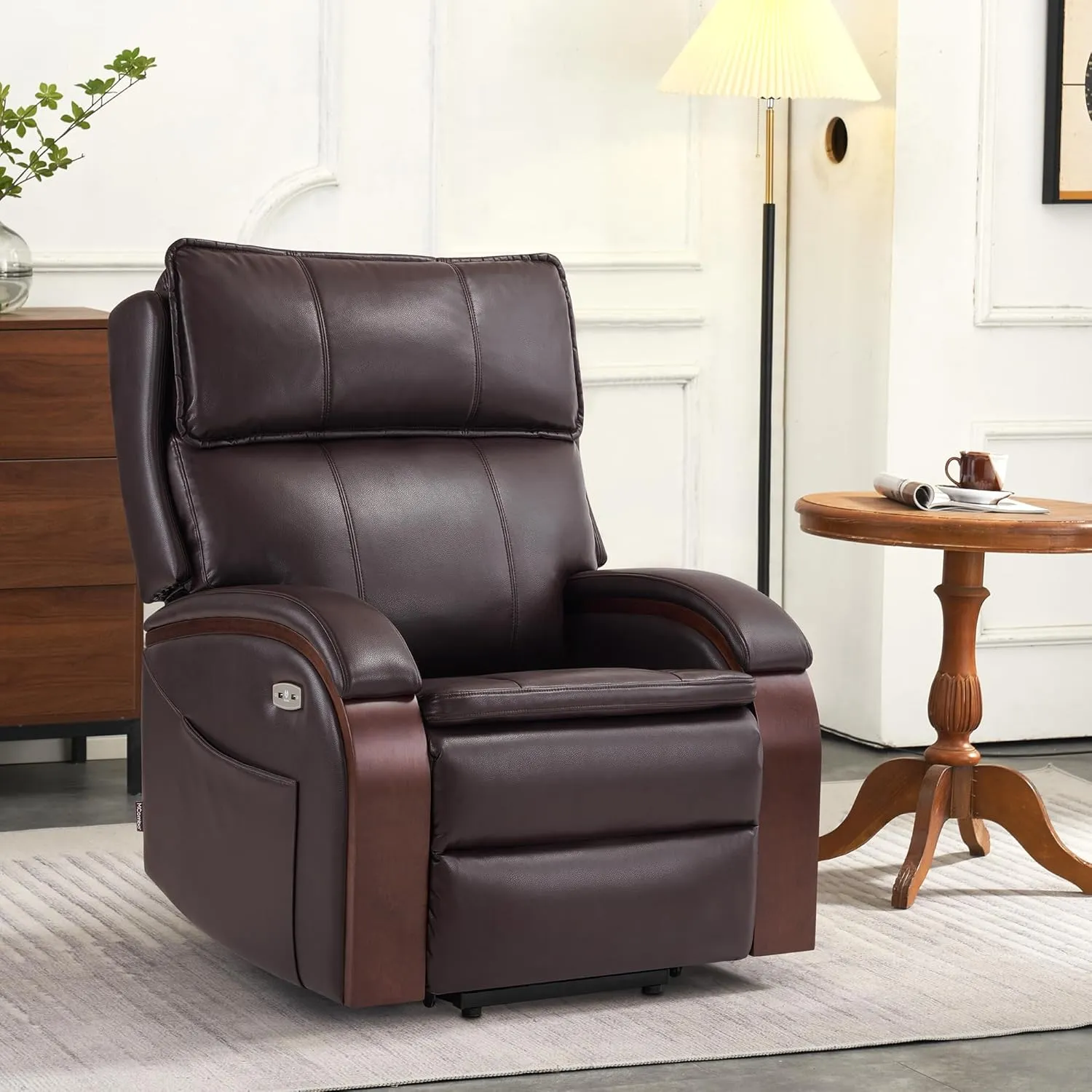 MCombo Power Lift Recliner Chair Sofa with Massage and Heat, Adjustable Headrest for Elderly People, Solid Wood Armrest, USB Ports, Side Pockets, Faux Leather 7917 (Dark Brown, Medium)
