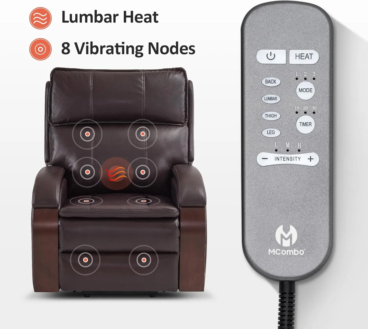 MCombo Power Lift Recliner Chair Sofa with Massage and Heat, Adjustable Headrest for Elderly People, Solid Wood Armrest, USB Ports, Side Pockets, Faux Leather 7917 (Dark Brown, Medium)
