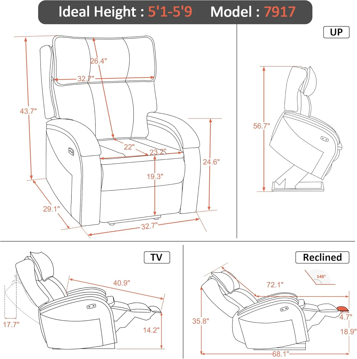 MCombo Power Lift Recliner Chair Sofa with Massage and Heat, Adjustable Headrest for Elderly People, Solid Wood Armrest, USB Ports, Side Pockets, Faux Leather 7917 (Tawny, Medium)