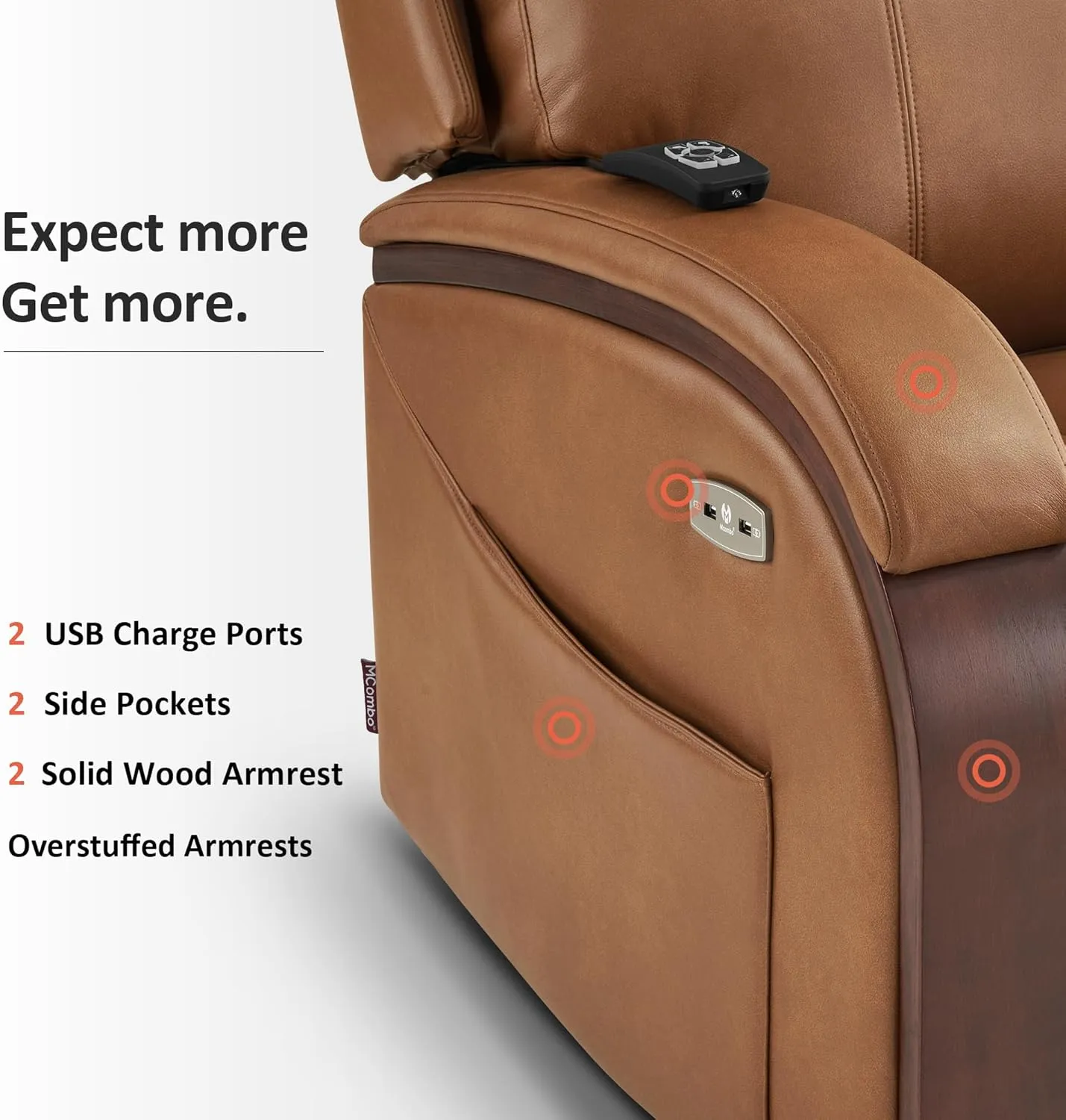 MCombo Power Lift Recliner Chair Sofa with Massage and Heat, Adjustable Headrest for Elderly People, Solid Wood Armrest, USB Ports, Side Pockets, Faux Leather 7917 (Tawny, Medium)