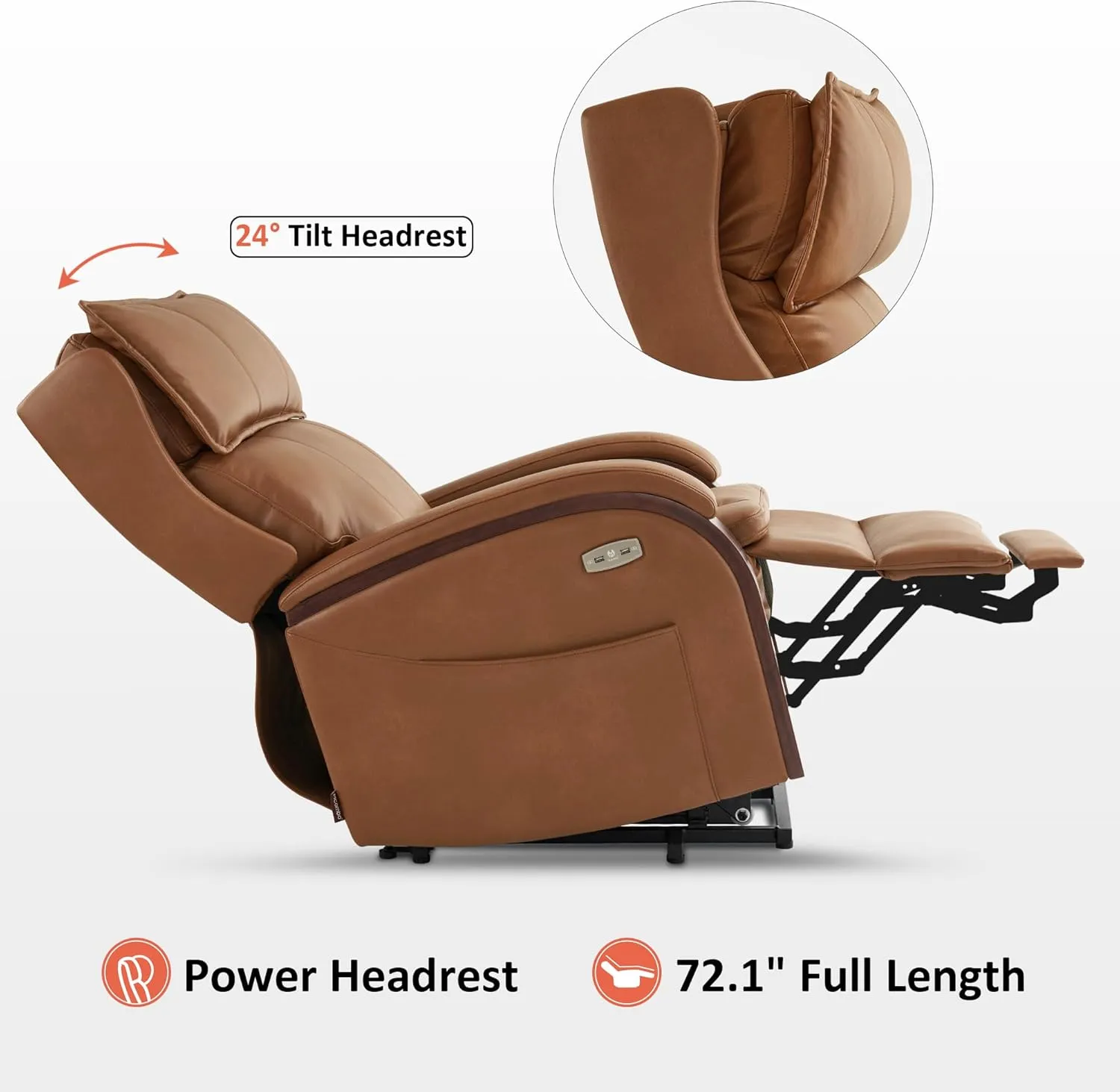 MCombo Power Lift Recliner Chair Sofa with Massage and Heat, Adjustable Headrest for Elderly People, Solid Wood Armrest, USB Ports, Side Pockets, Faux Leather 7917 (Tawny, Medium)