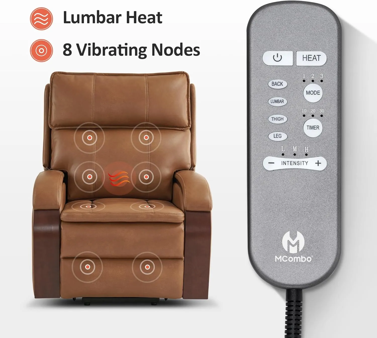 MCombo Power Lift Recliner Chair Sofa with Massage and Heat, Adjustable Headrest for Elderly People, Solid Wood Armrest, USB Ports, Side Pockets, Faux Leather 7917 (Tawny, Medium)