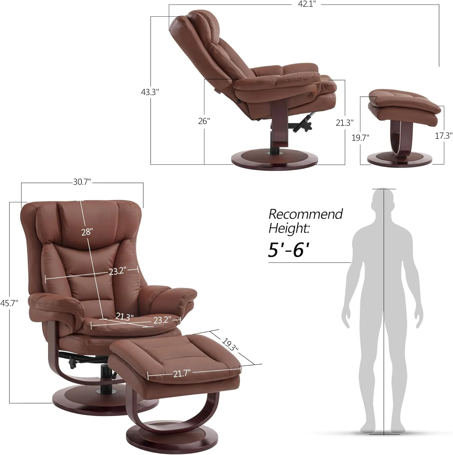 MCombo Swivel Recliner with Ottoman, Reclining Chair with Adjustable Back, Faux Leather Upholstered Lounge Chair for Living Room Bedroom Office 4651 (Brown)
