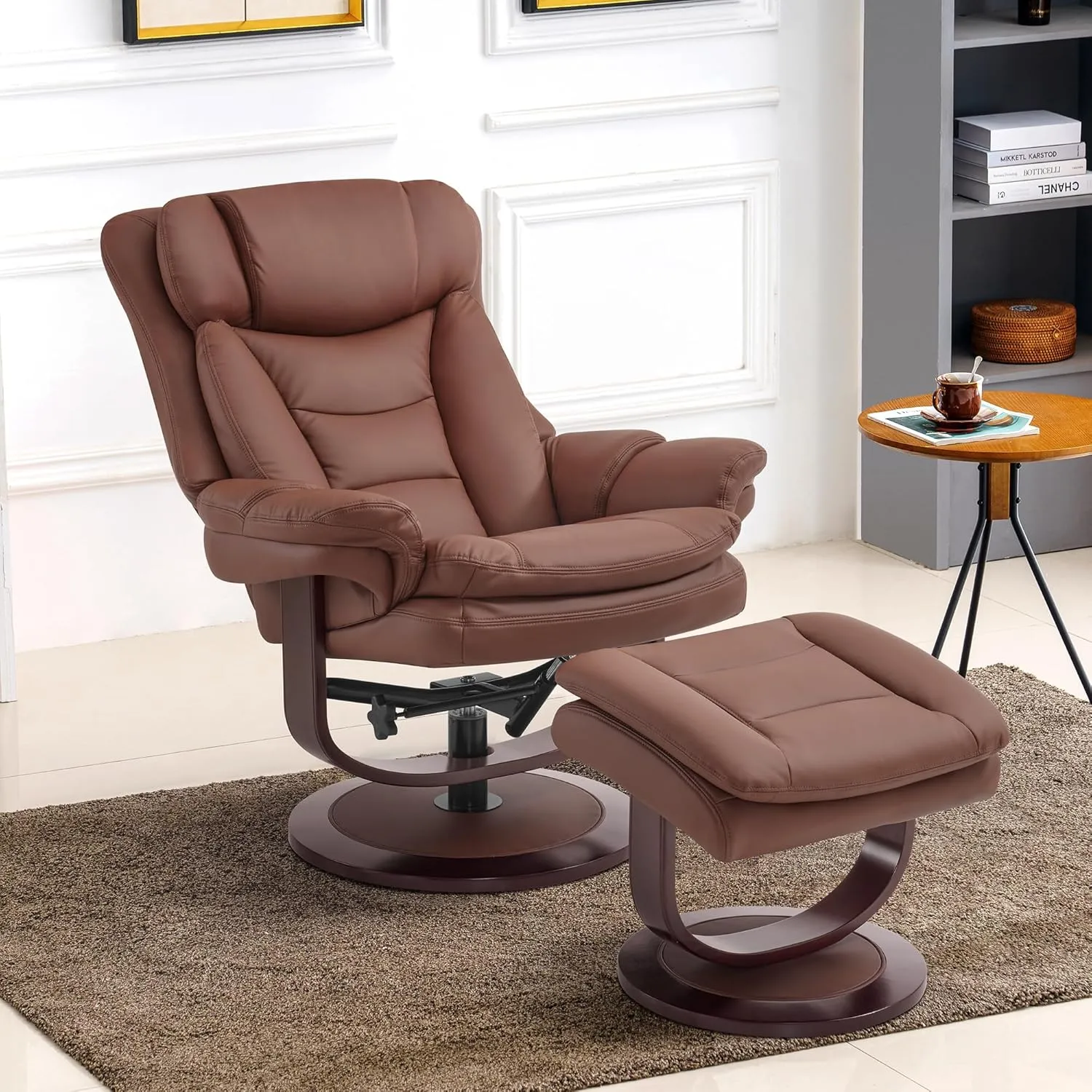 MCombo Swivel Recliner with Ottoman, Reclining Chair with Adjustable Back, Faux Leather Upholstered Lounge Chair for Living Room Bedroom Office 4651 (Brown)