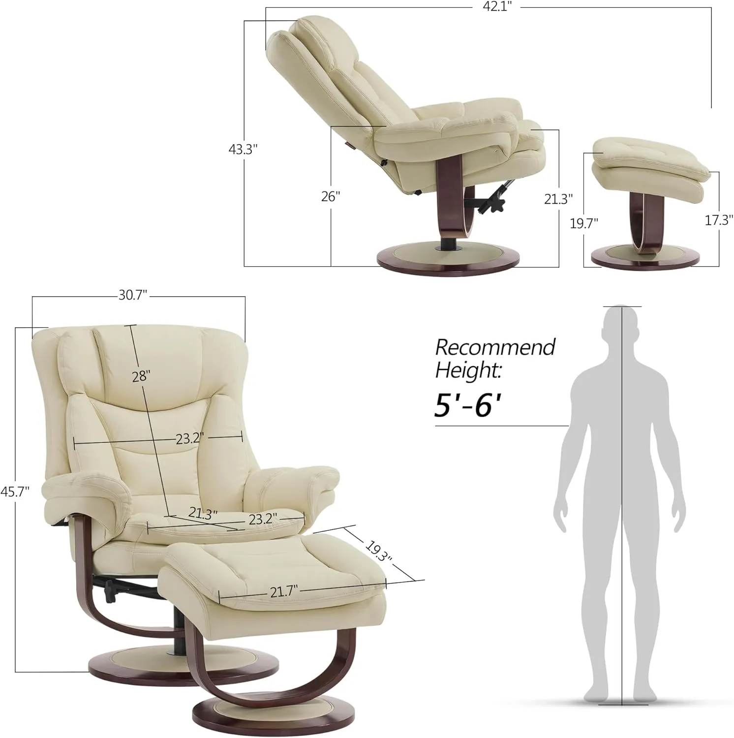 MCombo Swivel Recliner with Ottoman, Reclining Chair with Adjustable Back, Faux Leather Upholstered Lounge Chair for Living Room Bedroom Office 4651 (Cream White)