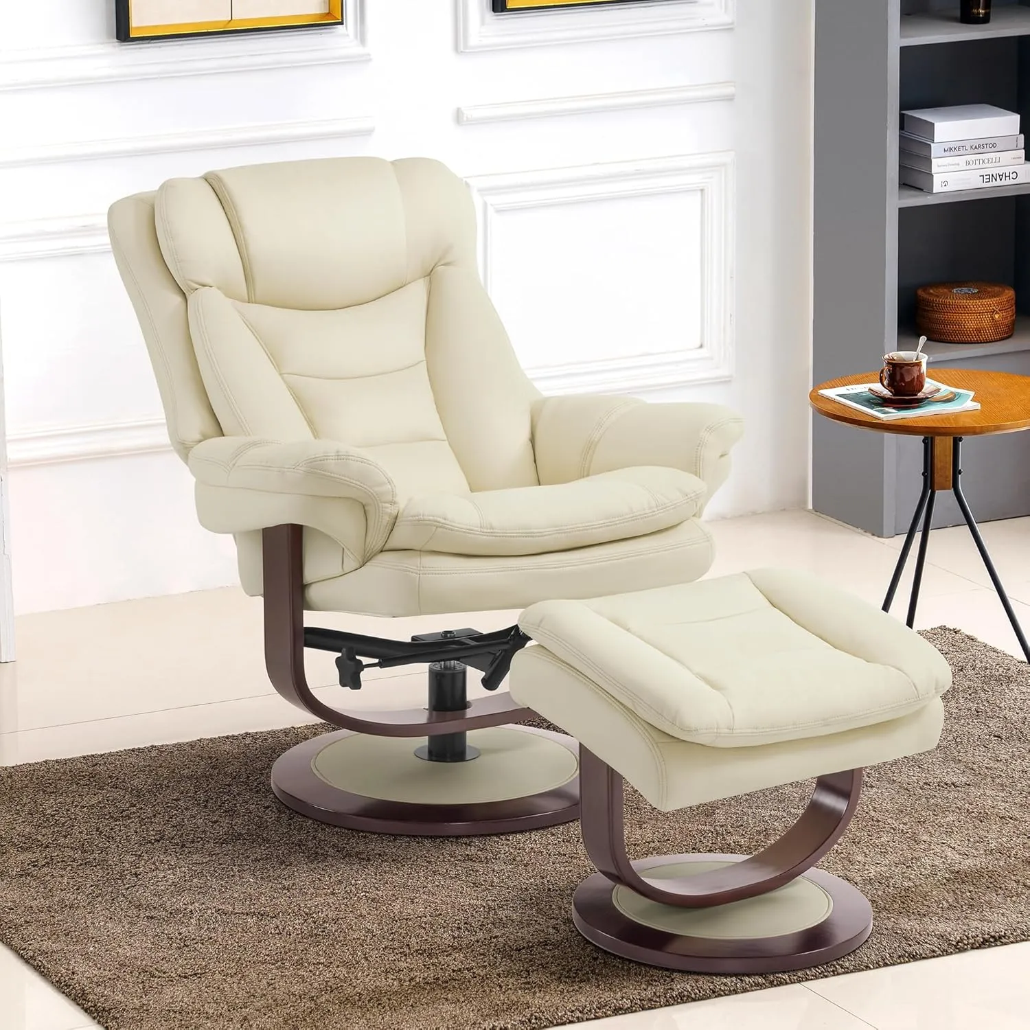 MCombo Swivel Recliner with Ottoman, Reclining Chair with Adjustable Back, Faux Leather Upholstered Lounge Chair for Living Room Bedroom Office 4651 (Cream White)