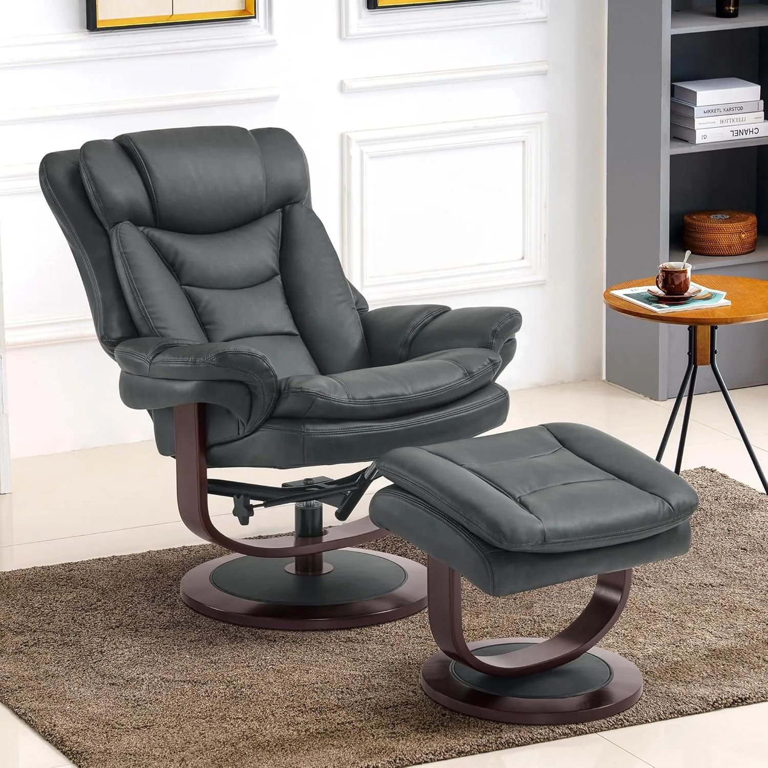MCombo Swivel Recliner with Ottoman, Reclining Chair with Adjustable Back, Faux Leather Upholstered Lounge Chair for Living Room Bedroom Office 4651 (Dark Grey)