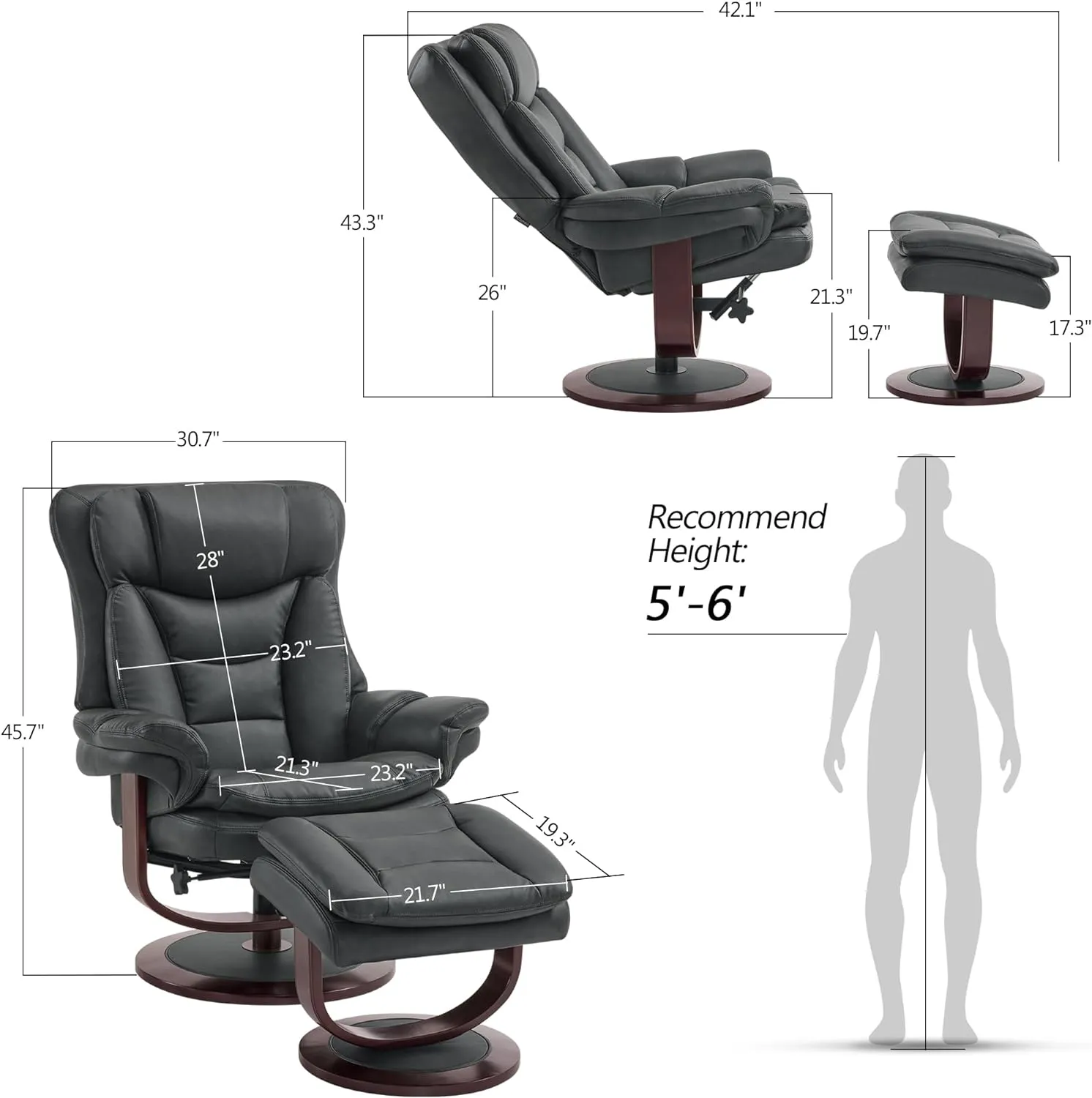 MCombo Swivel Recliner with Ottoman, Reclining Chair with Adjustable Back, Faux Leather Upholstered Lounge Chair for Living Room Bedroom Office 4651 (Dark Grey)