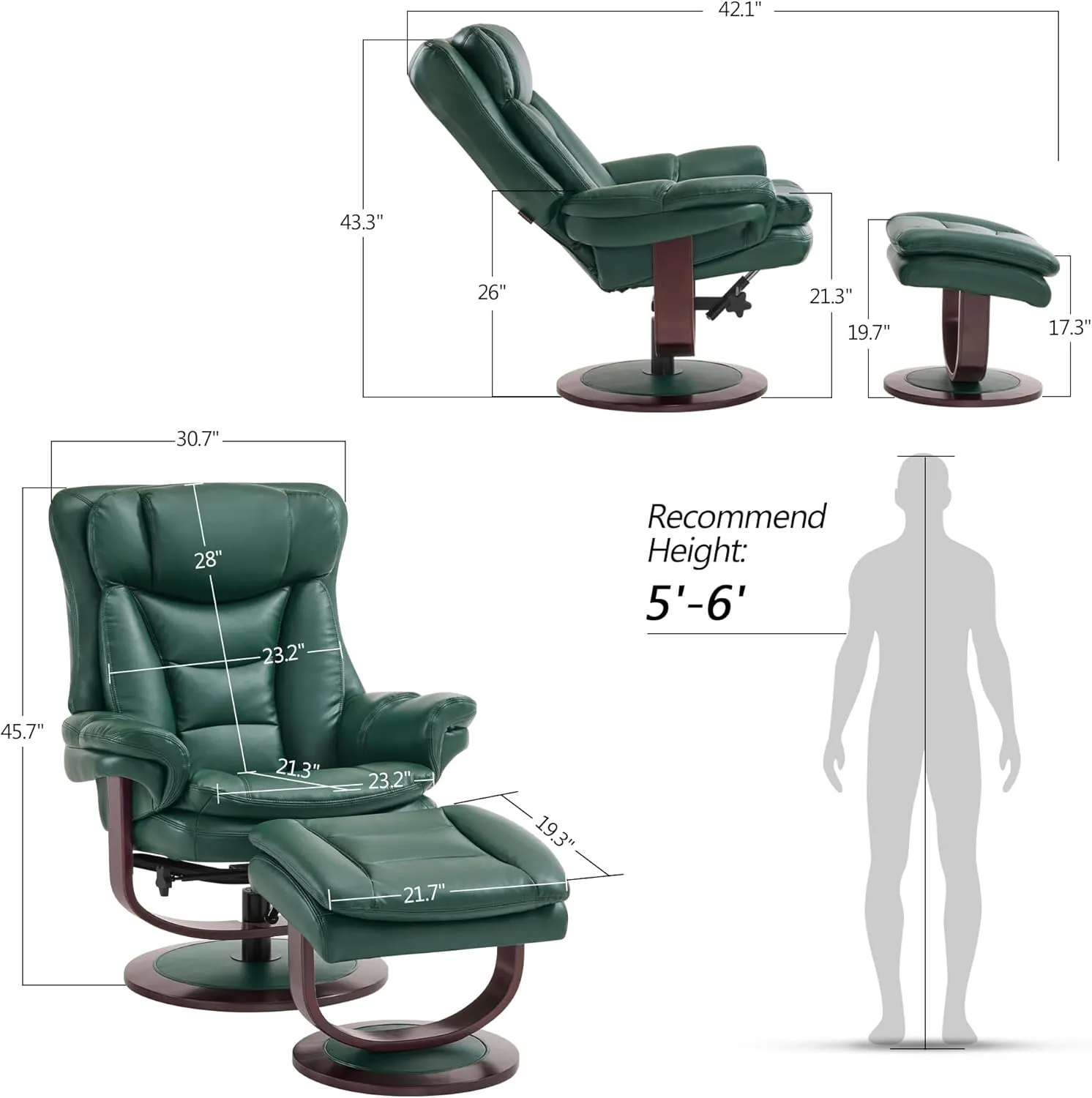 MCombo Swivel Recliner with Ottoman, Reclining Chair with Adjustable Back, Faux Leather Upholstered Lounge Chair for Living Room Bedroom Office 4651 (Green)