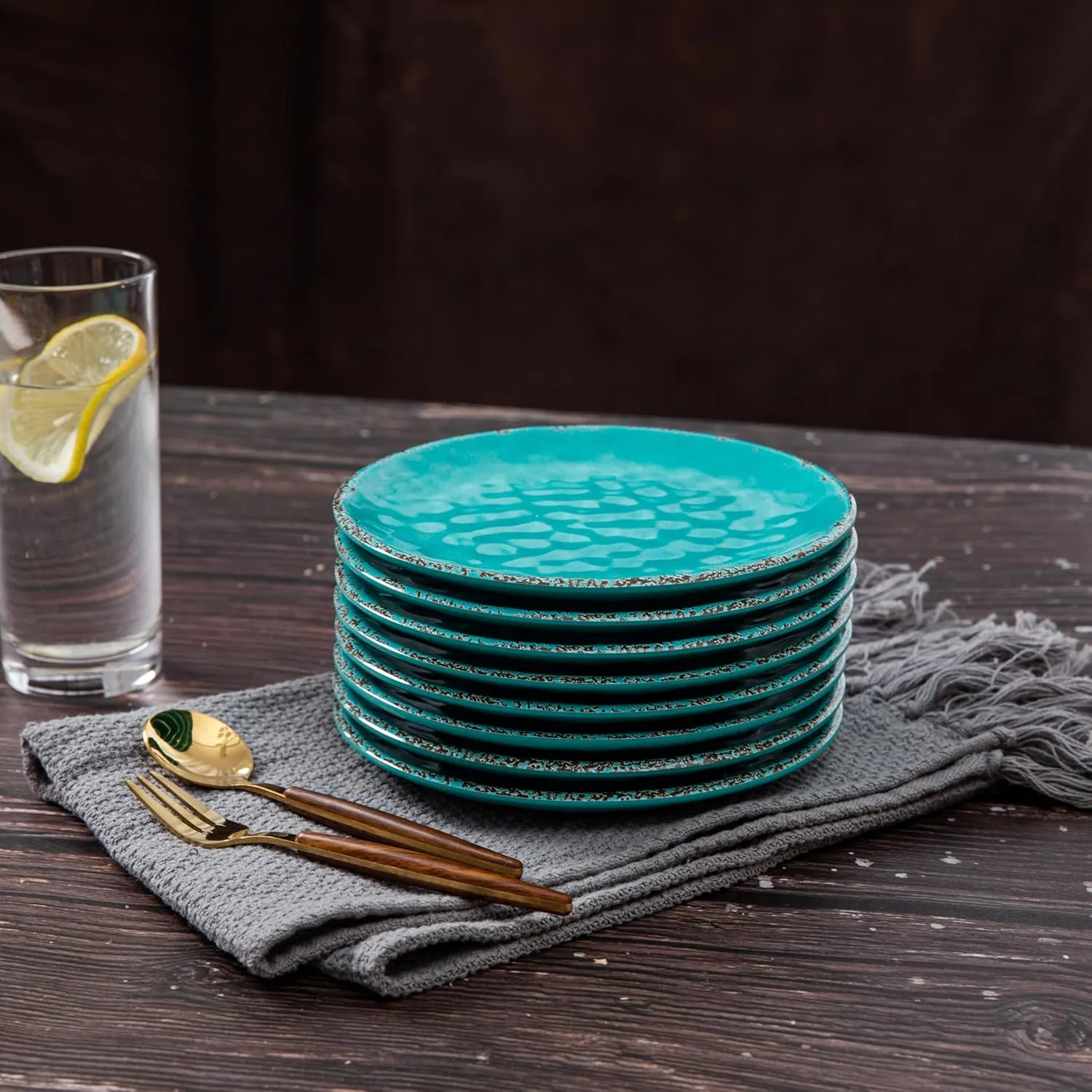Melamine Dessert Plate, 6 inch Small Dinner Plates, Set of 8, Vintage Appetizer Plate Serving Dishes, Small Serving Plates Party Plates for Fruit Snack Side Dishes, Teal