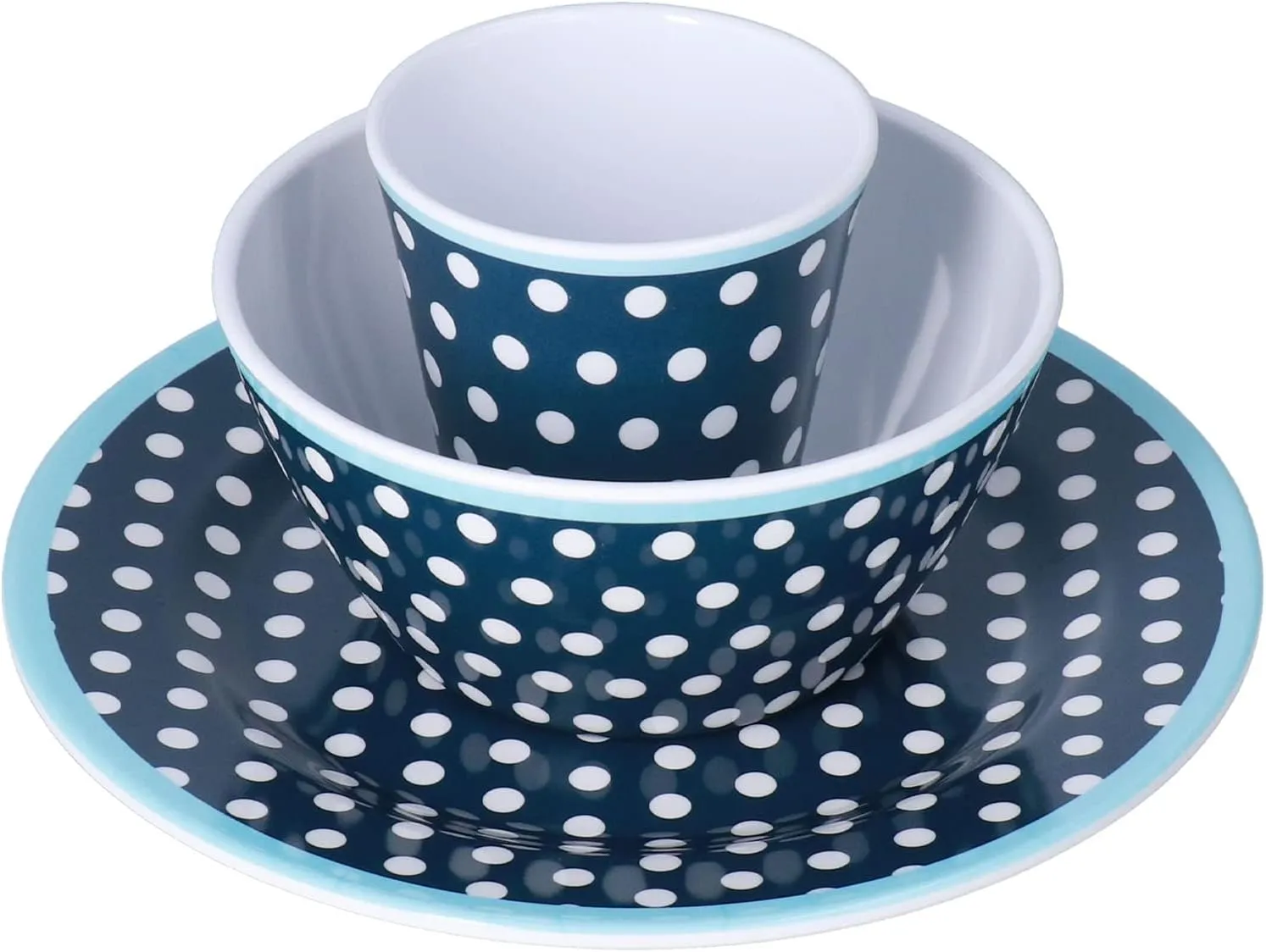 Melamine Dinnerware Set of 3 Pcs Bowl Cup Set Non Breakable Salad Tableware for Family Camping and Outdoor Dining (dark blue dots)