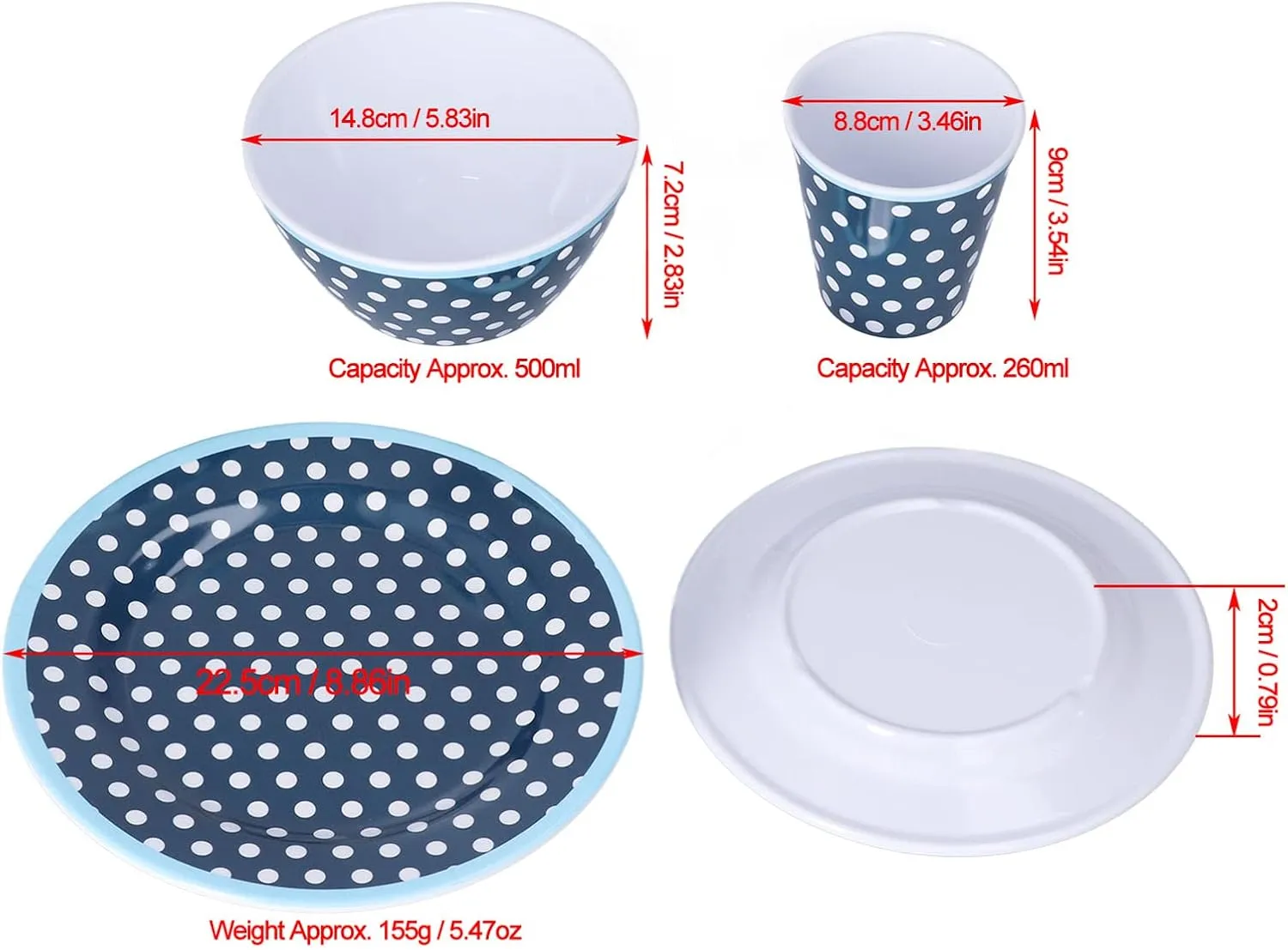 Melamine Dinnerware Set of 3 Pcs Bowl Cup Set Non Breakable Salad Tableware for Family Camping and Outdoor Dining (dark blue dots)