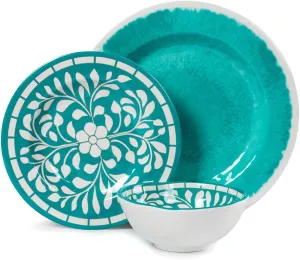 Melamine Dinnerware Sets -12 Piece Plates and Bowls Set for Indoor and Outdoor Use, Lightweight,Teal color,Green