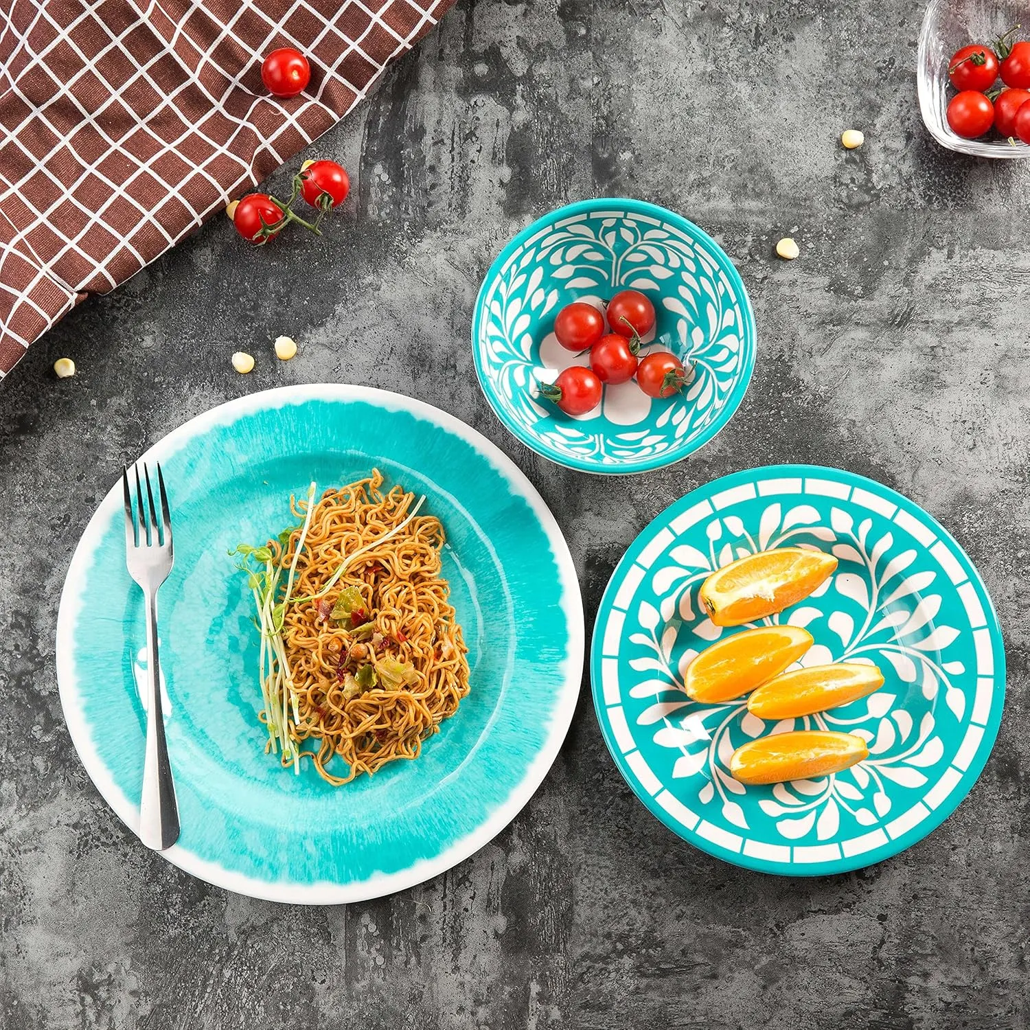 Melamine Dinnerware Sets -12 Piece Plates and Bowls Set for Indoor and Outdoor Use, Lightweight,Teal color,Green