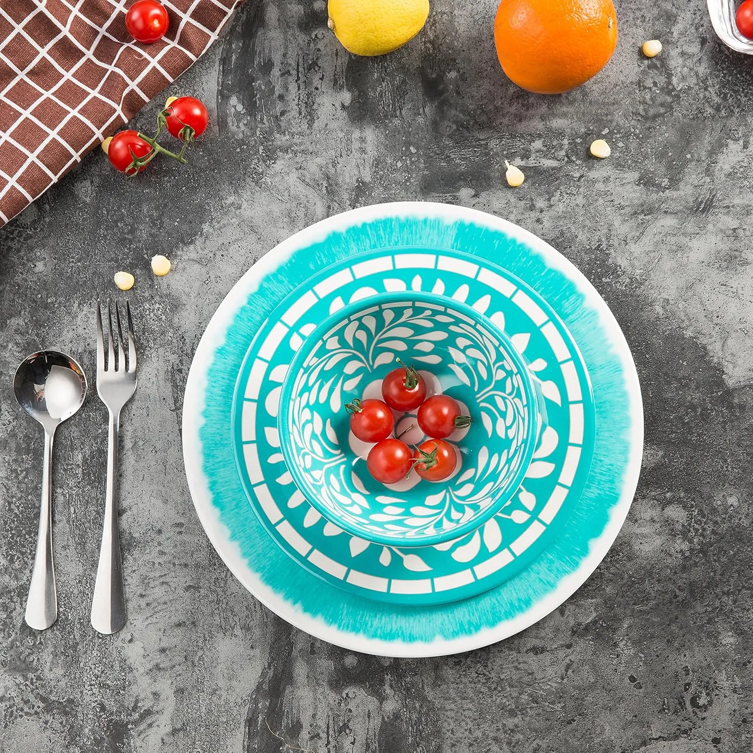 Melamine Dinnerware Sets -12 Piece Plates and Bowls Set for Indoor and Outdoor Use, Lightweight,Teal color,Green