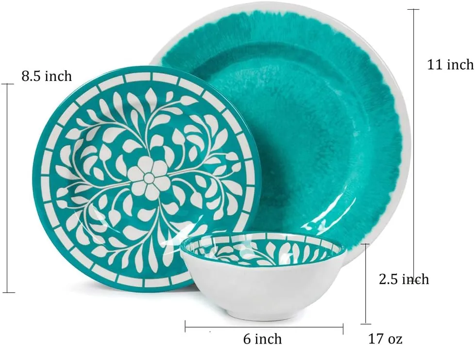 Melamine Dinnerware Sets -12 Piece Plates and Bowls Set for Indoor and Outdoor Use, Lightweight,Teal color,Green