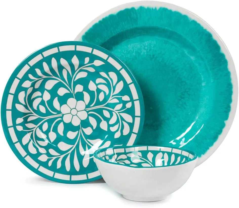 Melamine Dinnerware Sets -12 Piece Plates and Bowls Set for Indoor and Outdoor Use, Lightweight,Teal color,Green