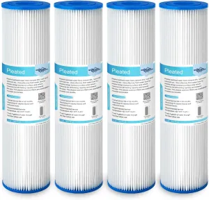 Membrane Solutions 20 Micron Pleated Polyester Sediment Water Filter 10"x2.5" Replacement Cartridge Universal Whole House Pre-Filter Compatible with W50PE, WFPFC3002, SPC-25-1050, FM-50-975 - 4 Pack