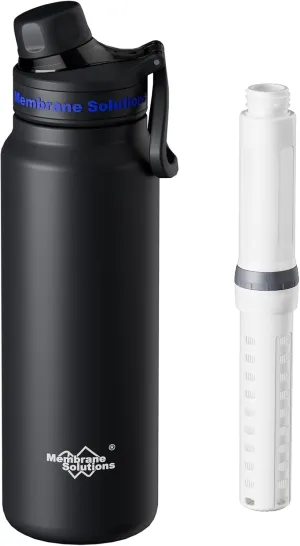Membrane Solutions C3 Filtered Water Bottle, 32oz Stainless Steel Water Bottle with Replaceable Filter Cartridge, Portable Water Filter, Travel, Hiking & Camping for Clean Drinking Water(Black)