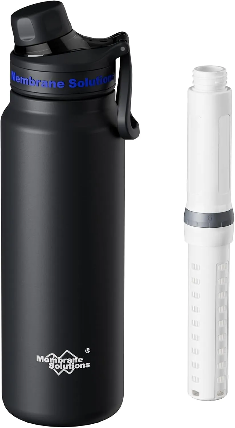 Membrane Solutions C3 Filtered Water Bottle, 32oz Stainless Steel Water Bottle with Replaceable Filter Cartridge, Portable Water Filter, Travel, Hiking & Camping for Clean Drinking Water(Black)