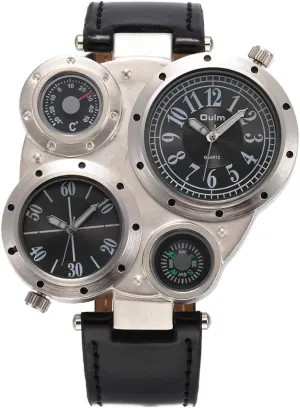 Men's Military Oversize Multi TimeZones 2 Dials Leather Analog Sports Wrist Watch HP9415 Black Band Black Face