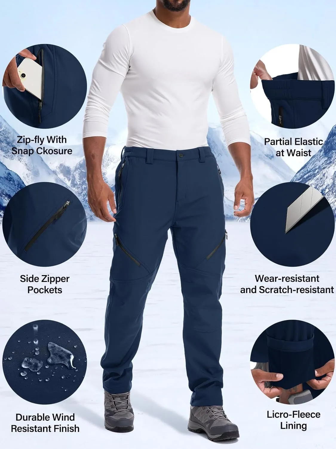 Men's Snow Ski Waterproof Fleece Lined Pants Winter Insulated Outdoor Hiking Mountain Softshell