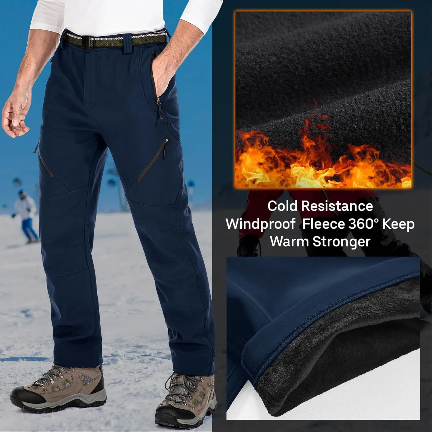 Men's Snow Ski Waterproof Fleece Lined Pants Winter Insulated Outdoor Hiking Mountain Softshell