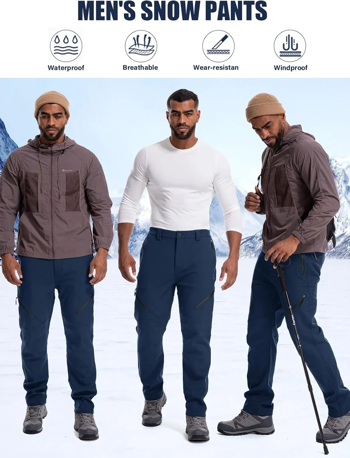 Men's Snow Ski Waterproof Fleece Lined Pants Winter Insulated Outdoor Hiking Mountain Softshell