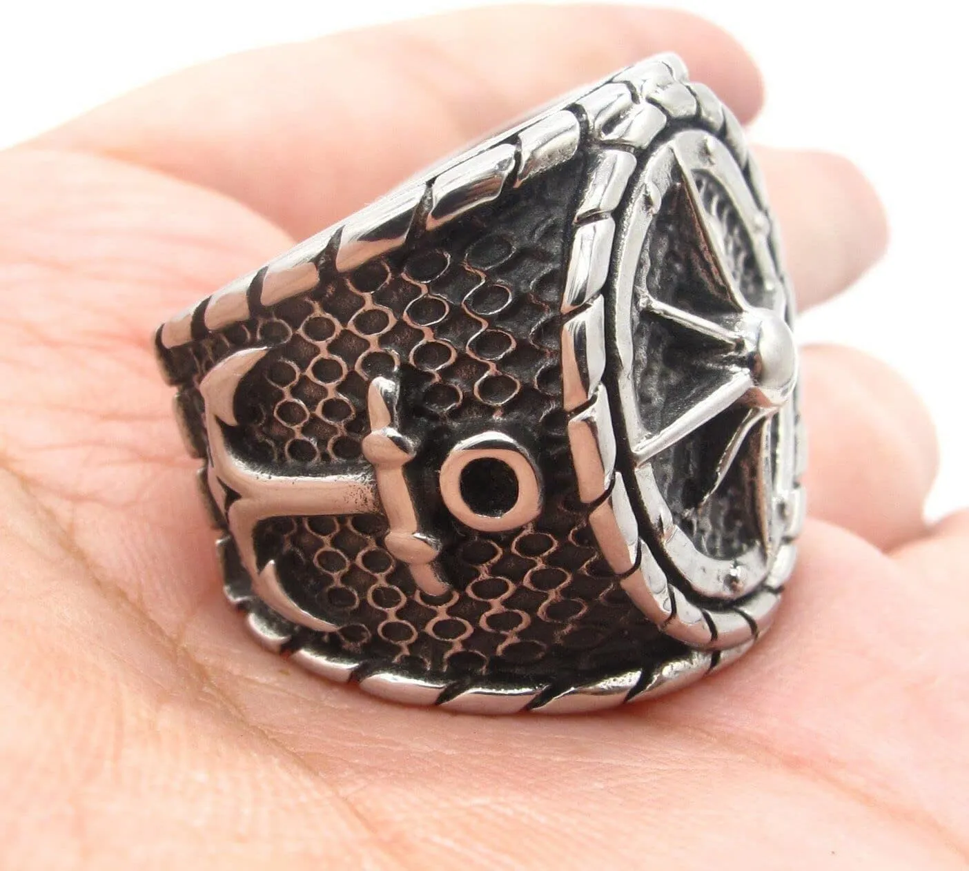 Mens Stainless Steel Nautical North Star Marine Compass Anchor Ring 7-15