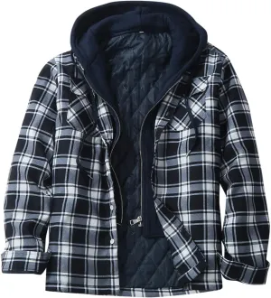 Mens Sweatshirt Winter Fashion Casual Plaid Pocket Hooded Zipper Buckle Composite Coat Jacket Thick Coat Weighted