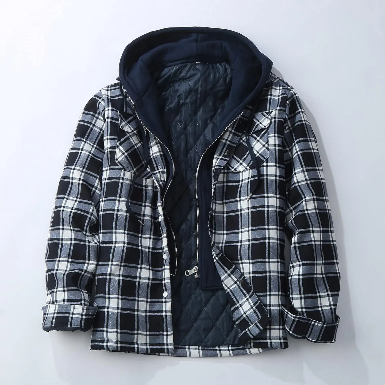 Mens Sweatshirt Winter Fashion Casual Plaid Pocket Hooded Zipper Buckle Composite Coat Jacket Thick Coat Weighted