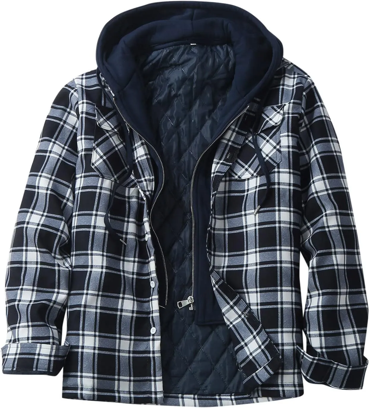 Mens Sweatshirt Winter Fashion Casual Plaid Pocket Hooded Zipper Buckle Composite Coat Jacket Thick Coat Weighted
