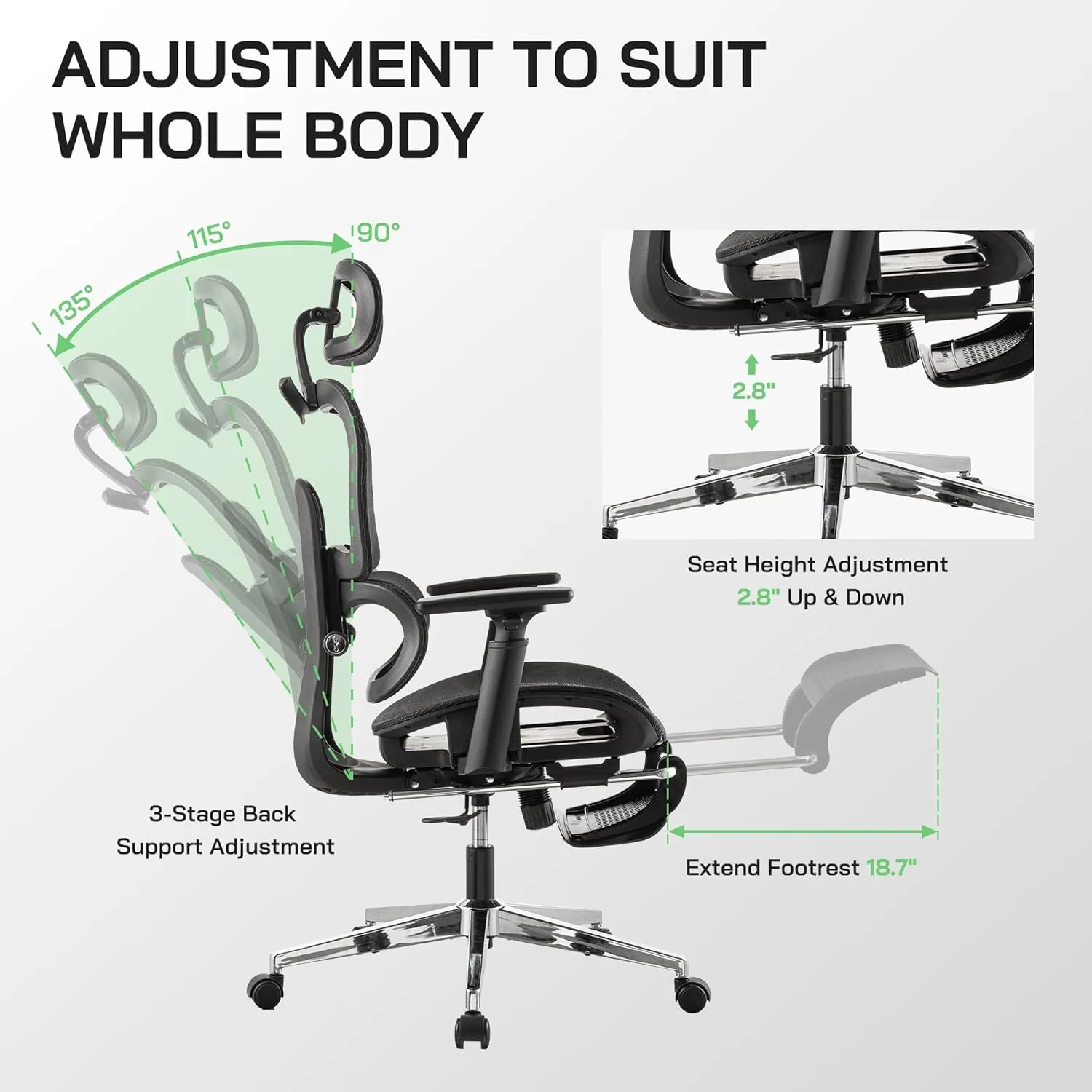 Mesh Ergonomic Office Chair with Footrest,High Back Computer Gaming Chair with Lumbar Support,Back Support,Adjustable Armrests for Big and Tall Napping Work(Black)