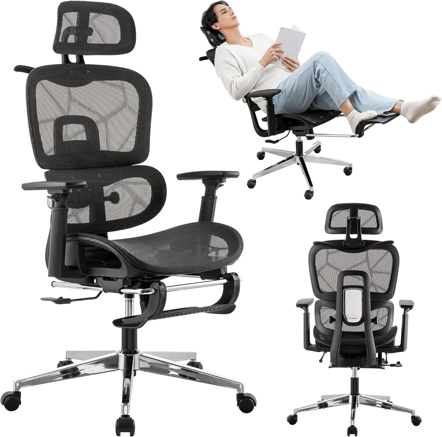 Mesh Ergonomic Office Chair with Footrest,High Back Computer Gaming Chair with Lumbar Support,Back Support,Adjustable Armrests for Big and Tall Napping Work(Black)