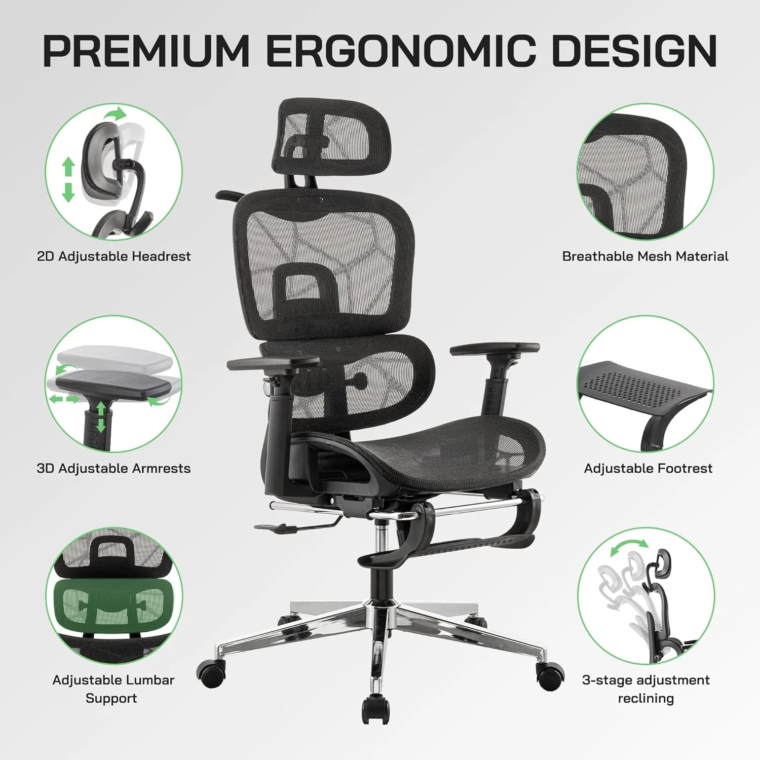 Mesh Ergonomic Office Chair with Footrest,High Back Computer Gaming Chair with Lumbar Support,Back Support,Adjustable Armrests for Big and Tall Napping Work(Black)