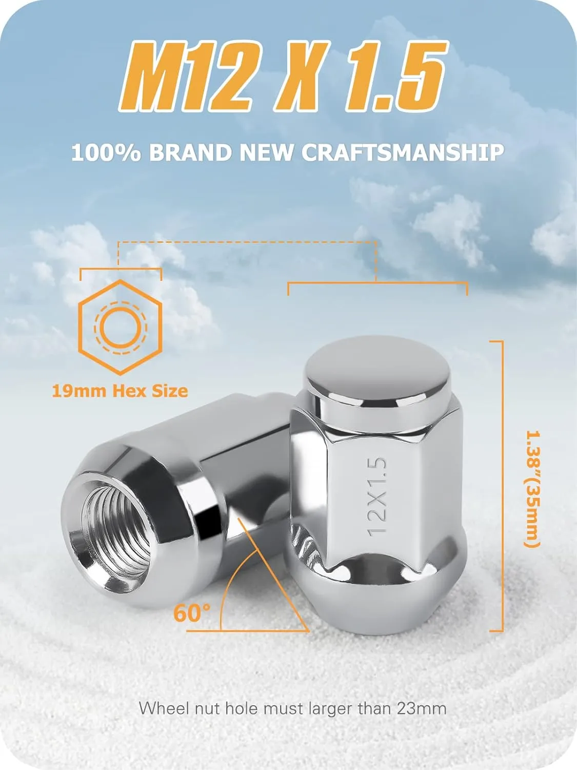 MIKKUPPA M12x1.5 Wheel Lug Nuts, Replacement for 2006-2017 Jeep Compass, 2007-2017 Patriot, 2010-2019 Chevy Cruze, 2016-2024 Malibu Aftermarket Wheel, 1.38" Height Chrome 20PCS Closed End Tire Nuts ﻿