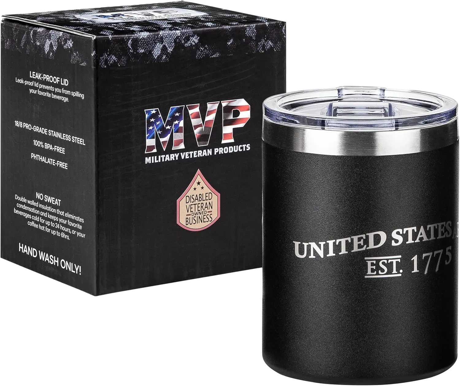 Military Gift Shop 12oz Army Black Double Wall Vacuum Insulated Stainless Steel US Army Coffee Tumbler Travel Mug-Leakproof Lid - Army 12oz Coffee