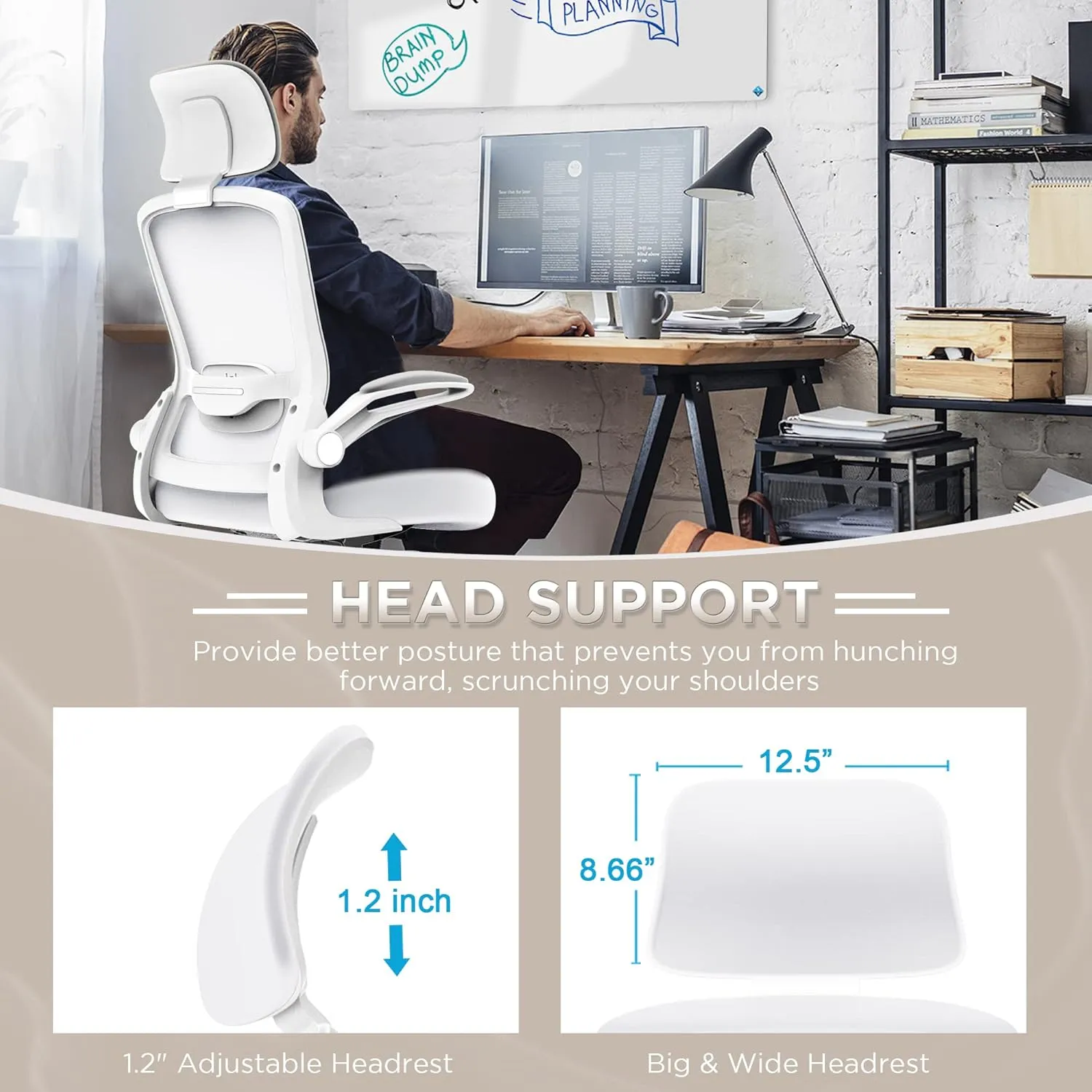 Mimoglad Office Chair, High Back Ergonomic Desk Chair with Adjustable Lumbar Support and Headrest, Swivel Task Chair with flip-up Armrests for Guitar Playing (Modern, Ivory White)