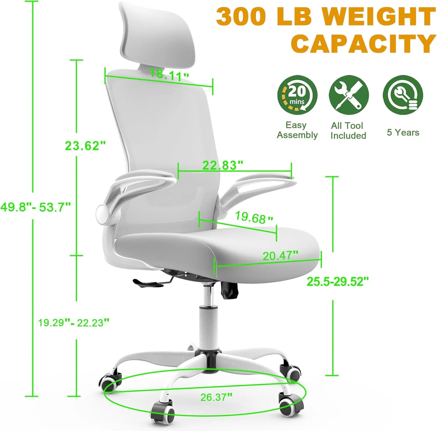 Mimoglad Office Chair, High Back Ergonomic Desk Chair with Adjustable Lumbar Support and Headrest, Swivel Task Chair with flip-up Armrests for Guitar Playing (Modern, Ivory White)