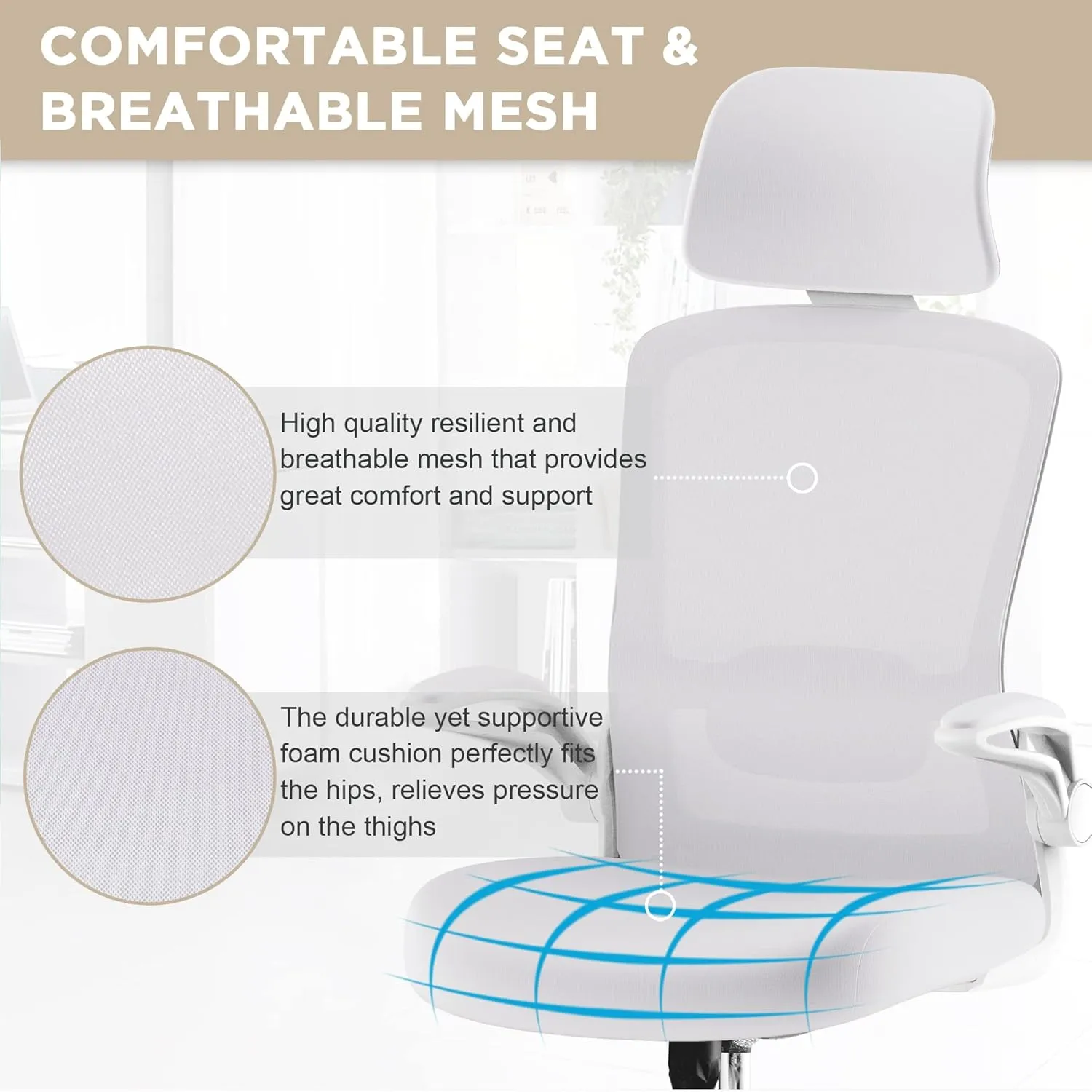 Mimoglad Office Chair, High Back Ergonomic Desk Chair with Adjustable Lumbar Support and Headrest, Swivel Task Chair with flip-up Armrests for Guitar Playing (Modern, Ivory White)