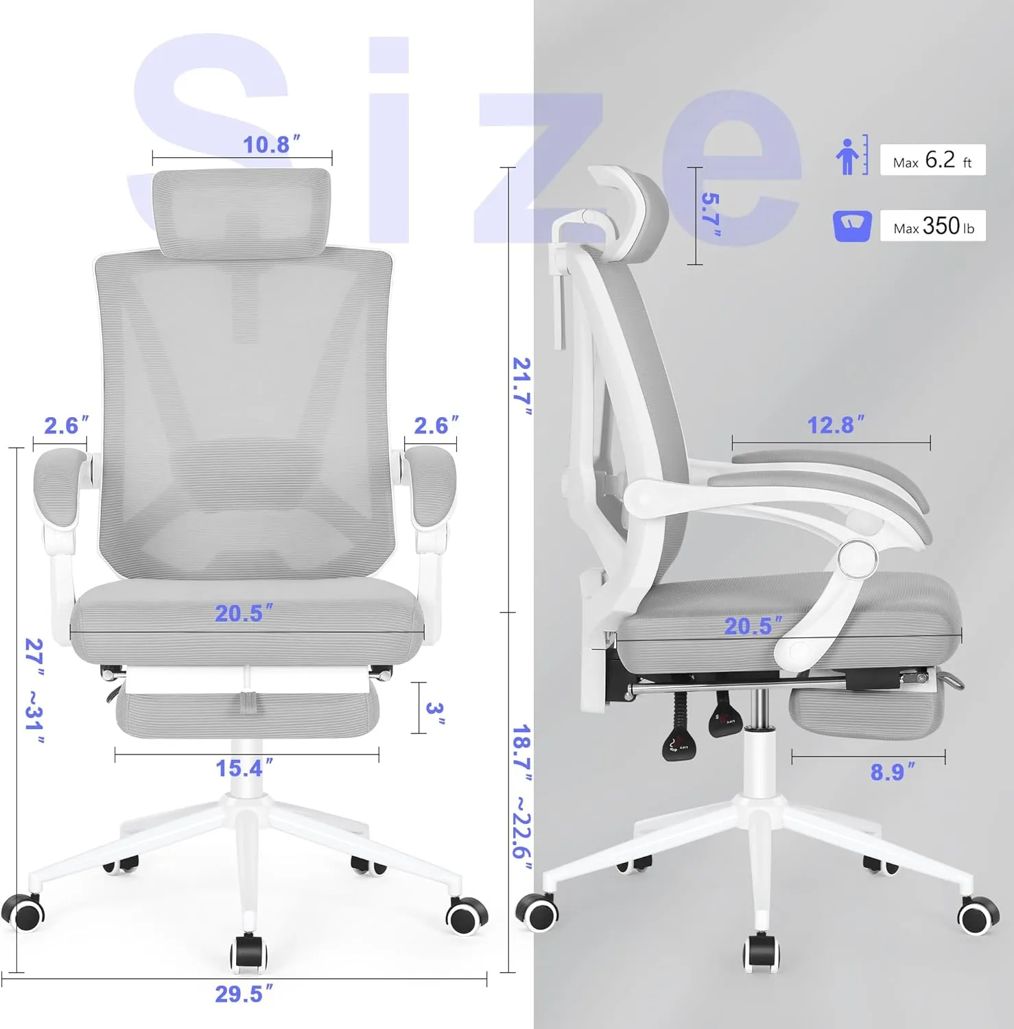 Misolant Ergonomic Office Chair with Footrest, Ergonomic Desk Chair with Adjustable 2D Lumbar Support, High Back Computer Chairs with Adjustable Headrest, Gray Comfortable Executive Office Chair