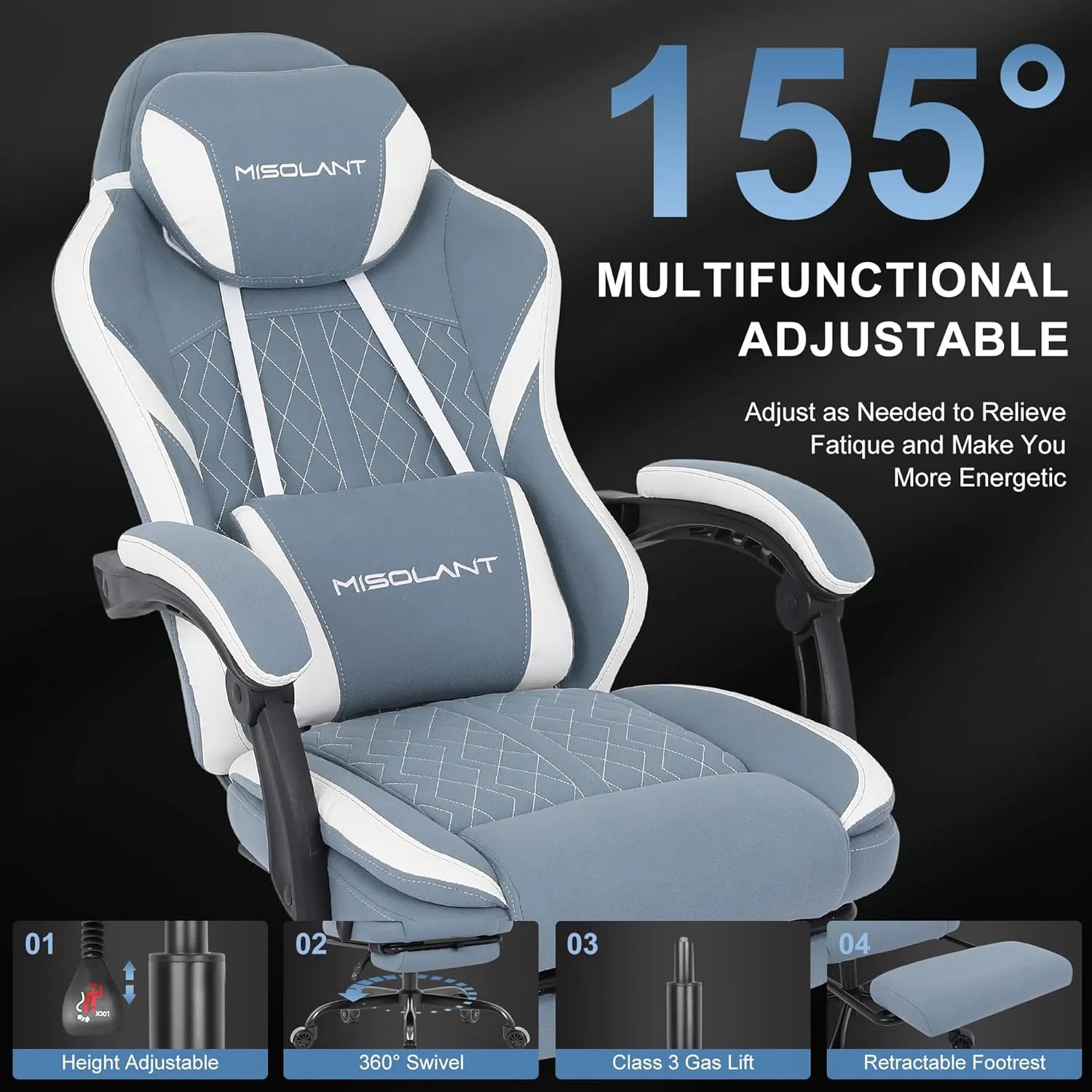 Misolant Gaming Chair, Fabric Gamer Chair with footrest for Adults, High Back Ergonomic Computer Game Chair with Adjustable Headrest and Massage Lumbar Support, 90-155° Recline Free, Blue