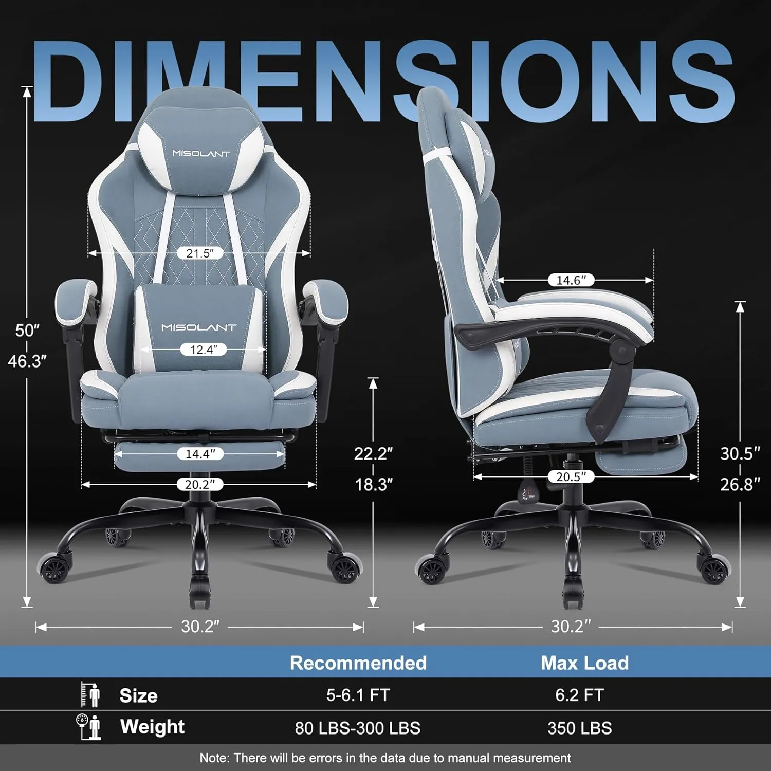 Misolant Gaming Chair, Fabric Gamer Chair with footrest for Adults, High Back Ergonomic Computer Game Chair with Adjustable Headrest and Massage Lumbar Support, 90-155° Recline Free, Blue