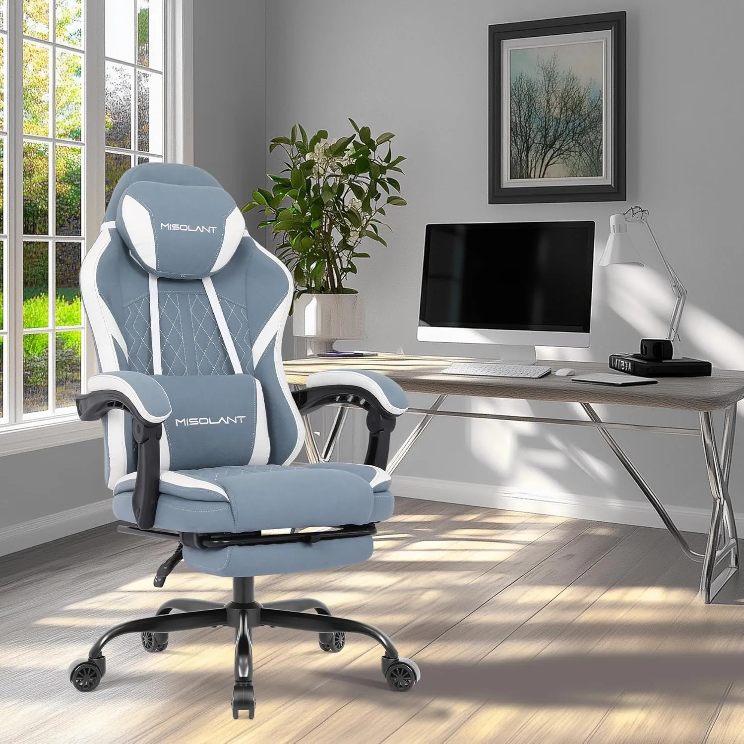 Misolant Gaming Chair, Fabric Gamer Chair with footrest for Adults, High Back Ergonomic Computer Game Chair with Adjustable Headrest and Massage Lumbar Support, 90-155° Recline Free, Blue