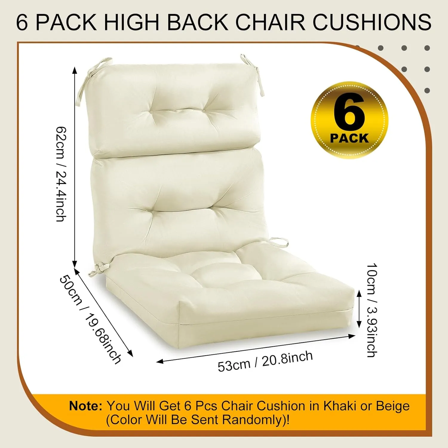 Mixweer 6 Pack Outdoor/Indoor High Back Chair Cushion Waterproof Rocking Chair Pads Tufted Seat/Back Chair Cushion Weather Resistant Adirondack Chair Cushions for Outdoor Patio Furniture (Beige)