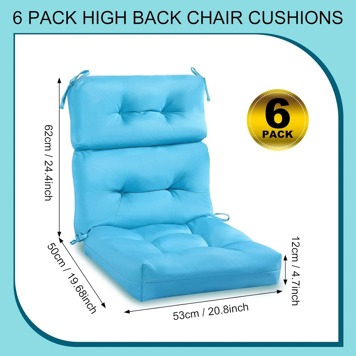 Mixweer 6 Pack Outdoor/Indoor High Back Chair Cushion Waterproof Rocking Chair Pads Tufted Seat/Back Chair Cushion Weather Resistant Adirondack Chair Cushions for Outdoor Patio Furniture (Sky Blue)