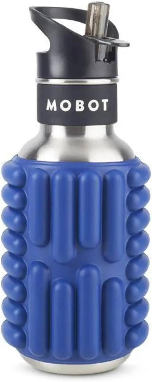 MOBOT Portable Travel Foam Roller Water Bottle with Sip Straw, Stainless Steel Screw Lid | Insulated Sports Water Bottle and Foam Rollers for Yoga, Workout, Home Gym, & Exercise, Blue (18 oz)