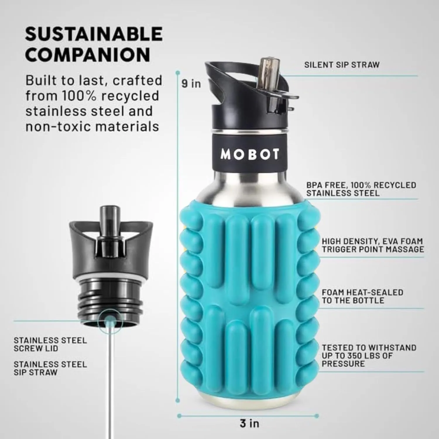 MOBOT Portable Travel Foam Roller Water Bottle with Sip Straw, Stainless Steel Screw Lid | Insulated Sports Water Bottle and Foam Rollers for Yoga, Workout, Home Gym, & Exercise, Blue (18 oz)